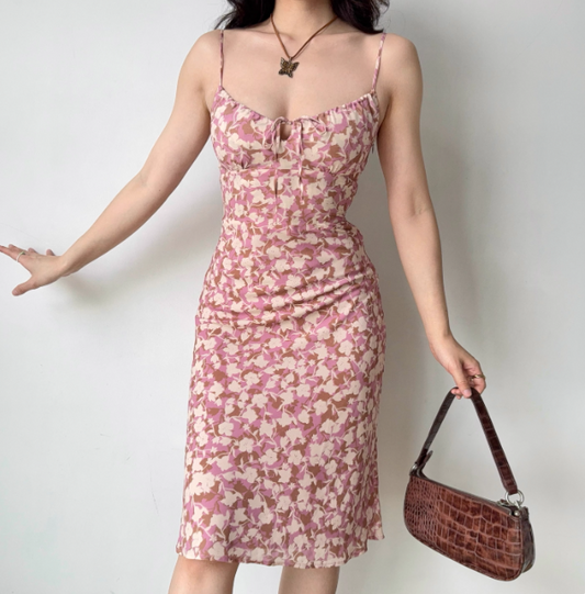Retro Spaghetti Straps Print Lace up Women Teenage Girl Summer Date Dress Vacation Dress  D2184