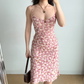 Retro Spaghetti Straps Print Lace up Women Teenage Girl Summer Date Dress Vacation Dress  D2184