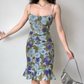 Seaside Spaghetti Straps Lace up Print Flower Ruffle Teenage Girl Women Summer Date Dress Vacation Dress  D2186