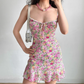 Charming Spaghetti Straps Lace up Print Floral Short Skirt Teenage Girl Women Summer Date Dress Seaside Dress  D2188