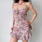 Charming Spaghetti Straps Lace up Print Floral Short Skirt Teenage Girl Women Summer Date Dress Seaside Dress  D2188