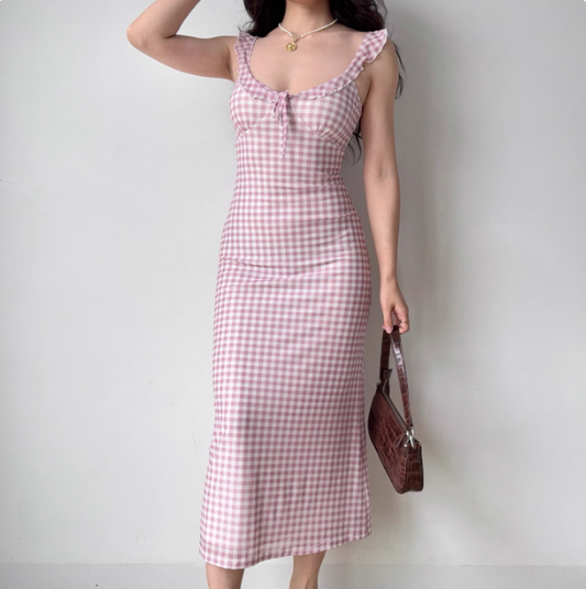 Sweet Ruffle Straps Pink Checkered Lace up Teenage Girl Women Summer Date Dress Seaside Dress  D2189