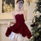 Shiny Wine Red Strapless Crystal Pleated Short Prom Dress Back to School Outfits Homecoming Dress Sweet 16 Dress Princess Dress  D2191