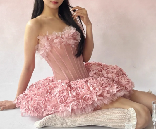 Cute Strapless Flower Short Prom Dress Back to School Outfits Homecoming Dress Sweet 16 Dress Party Dress  D2199