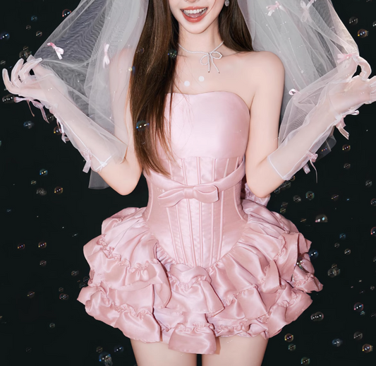 Charming Pink Strapless Ruffle Short Prom Dress Back to School Outfits Homecoming Dress Sweet 16 Dress Party Dress  D2200