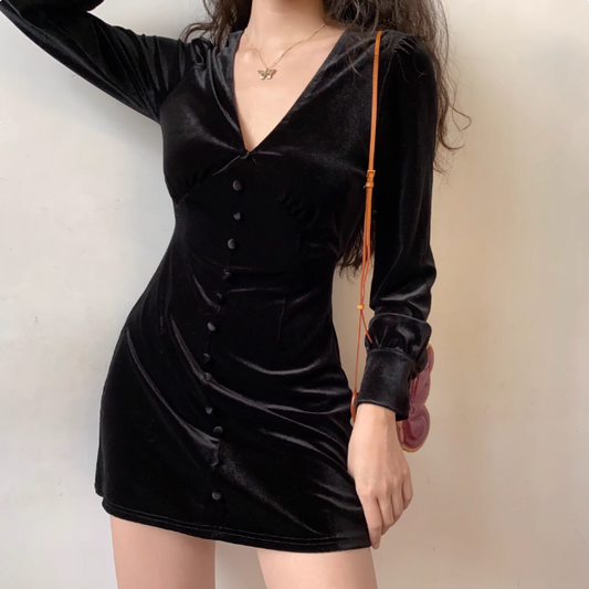 Versatile Black V-neck Long Sleeves Short Skirt Women Teeage Girl Date Dress  D2205