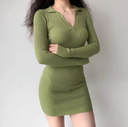 Casual V-neck Long Sleeves Short Fitted Skirt Women Teeage Girl Dress  D2206
