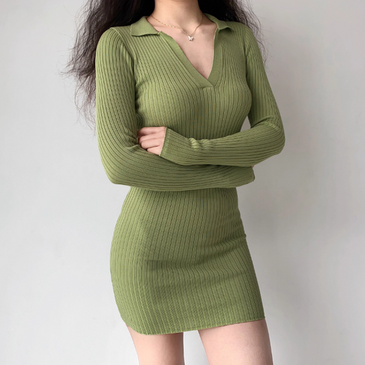 Casual V-neck Long Sleeves Short Fitted Skirt Women Teeage Girl Dress  D2206