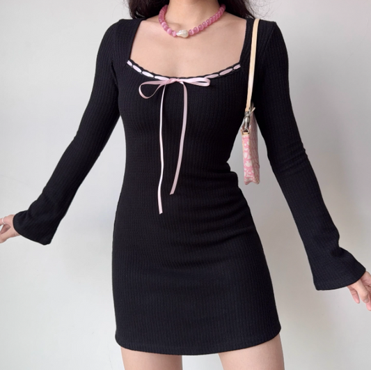 Minimalist Square Neck Long Sleeves Short Fitted Skirt Women Teeage Girl Dress  D2207