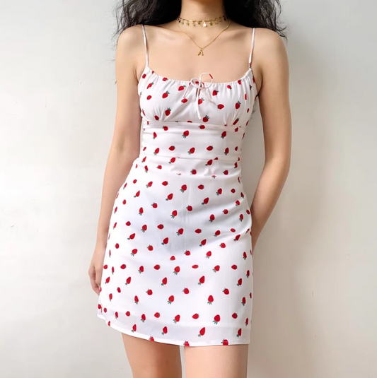 Cute Spaghetti Straps Lace up Print Strawberry Short Skirt Women Teenage Girl Summer Date Dress  D2209