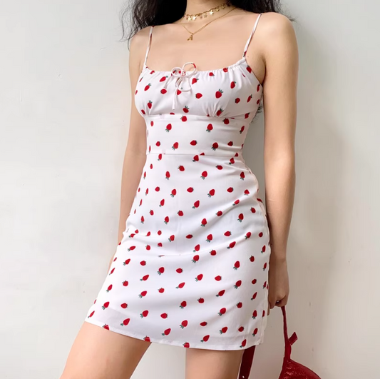 Cute Spaghetti Straps Lace up Print Strawberry Short Skirt Women Teenage Girl Summer Date Dress  D2209