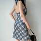 Versatile Halter Checkered Backless Casual Skirt Women Teenage Girl Summer Date Dress  D2210