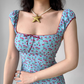 Vacation A Line Square Neckline Print Cherry Short Skirt Women Teenage Girl Summer Date Dress  D2212