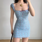 Vacation A Line Square Neckline Print Cherry Short Skirt Women Teenage Girl Summer Date Dress  D2212