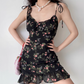 Retro Spaghetti Straps Print Ruffle Short Skirt Women Teenage Girl Summer Vacation Date Dress  D2214
