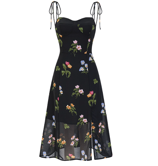 Seaside A Line Spaghetti Straps Split Print Dress Women Summer Date Dress  D2216