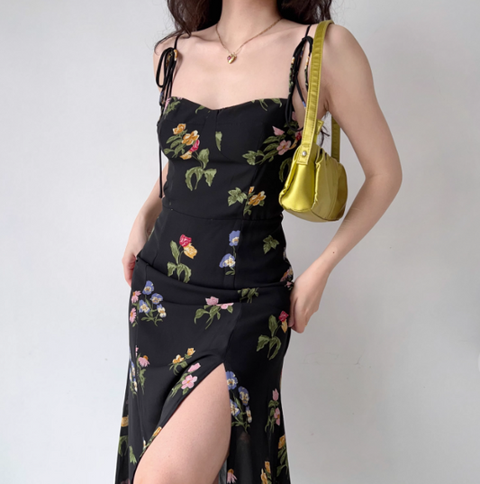 Seaside A Line Spaghetti Straps Split Print Dress Women Summer Date Dress  D2216