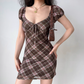 Vintage A Line Puffed Sleeves Checkered Short Fitted Skirt Women Summer Date Dress  D2217