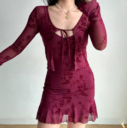 Vintage Print Two-piece Set Short Skirt Women Summer Vacation Date Dress  D2218