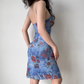 Retro Spaghetti Straps Print Fitted Knee Length Skirt Women Summer Vacation Date Dress D2219