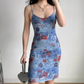 Retro Spaghetti Straps Print Fitted Knee Length Skirt Women Summer Vacation Date Dress D2219