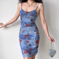 Retro Spaghetti Straps Print Fitted Knee Length Skirt Women Summer Vacation Date Dress D2219