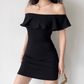 Minimalist Black Off the Shoulder Ruffle Short Fitted Skirt Women Summer Vacation Date Dress D2220