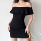 Minimalist Black Off the Shoulder Ruffle Short Fitted Skirt Women Summer Vacation Date Dress D2220