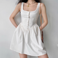 Minimalist White A Line Square Neck Button Short Skirt Women Summer Casual Dress D2221