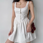 Minimalist White A Line Square Neck Button Short Skirt Women Summer Casual Dress D2221