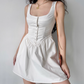 Minimalist White A Line Square Neck Button Short Skirt Women Summer Casual Dress D2221