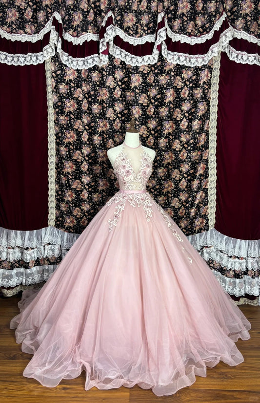 Sweet Halter Appliques Beading Tulle Ball Gown Long Prom Dress Evening Dress    D2231
