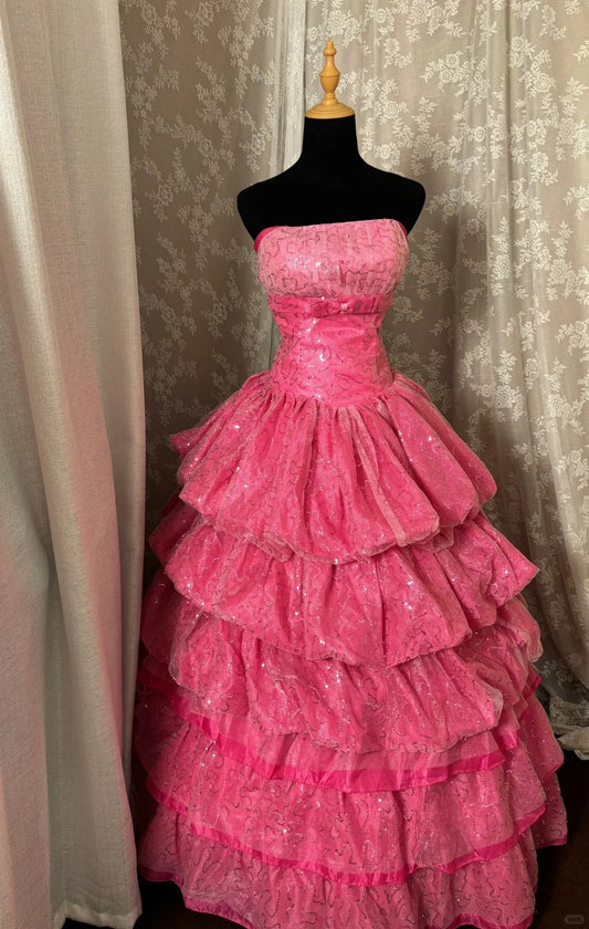 Shiny Strapless Sequins Pleated Tiered Ball Gown Long Prom Dress Evening Dress Gala Dress  D2235