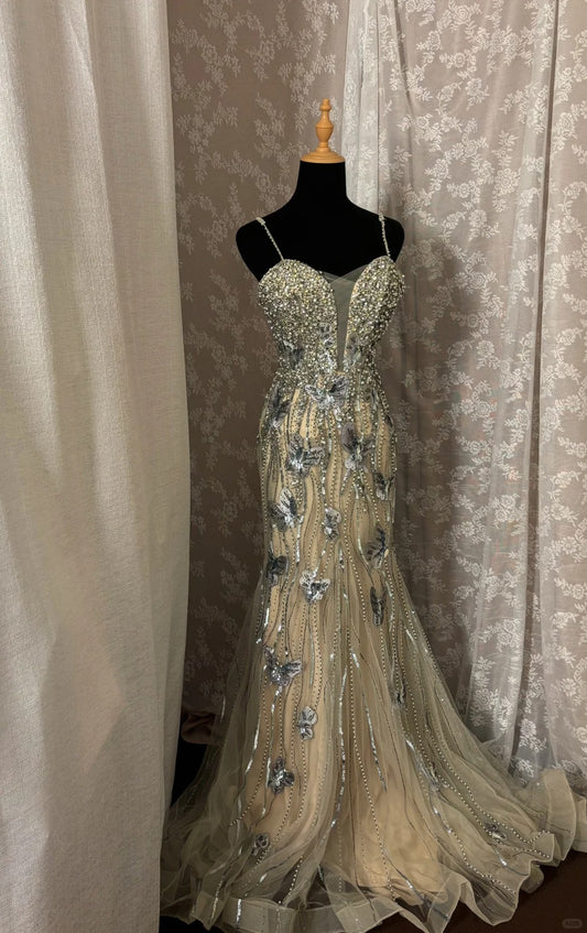 Elegant Spaghetti Straps Sequins Pearl Long Prom Dress Evening Dress Gala Dress D2237