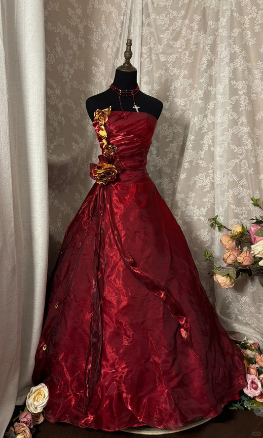 Elegant Prom Dress Strapless Pleated Flower Gala Dress Evening Dress Dancing Dress   D2246