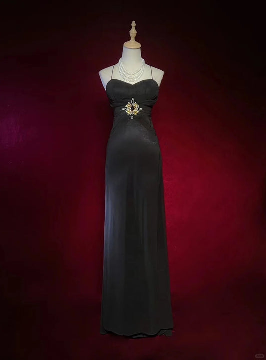 Elegant Black Prom Dress Spaghetti Straps Backless Crystal Gala Dress Evening Dress Dancing Dress     D2249