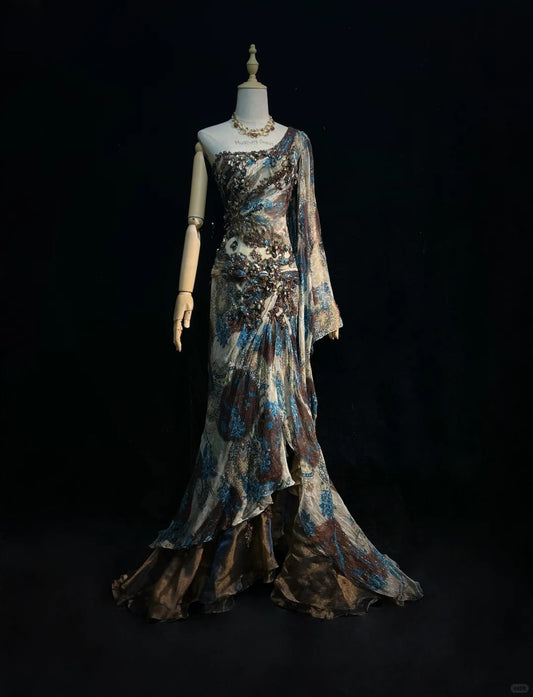 Enigmatic Prom Dress Asymmetrical Sleeve Vintage Sequin Gala Dress Evening Dress Customized Dress    D2253