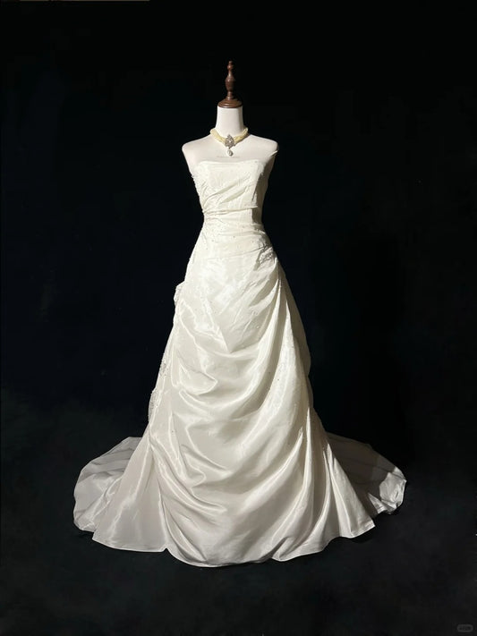 Elegant Prom Dress Strapless Beading Pleated Wedding Dress Evening Dress Customized Dress D2258