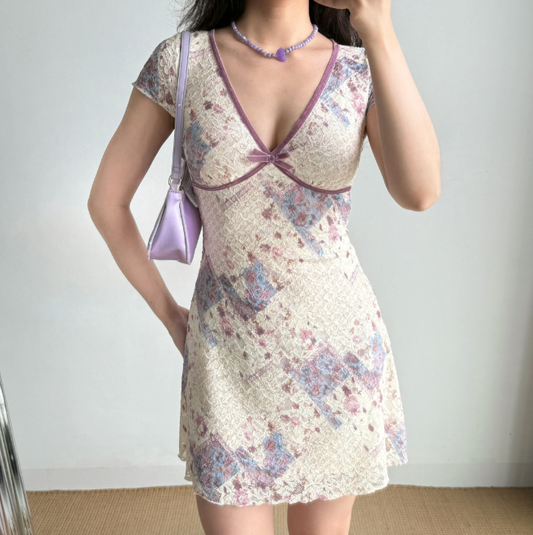 Pretty Women Dress A Line V-neck Print Short Skirt Summer Seaside Dress Teenage Girl Date Dress  D2261