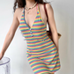 Colorful Women Dress Halter Striped Summer Vacation Seaside Dress Teenage Girl Date Dress  D2263