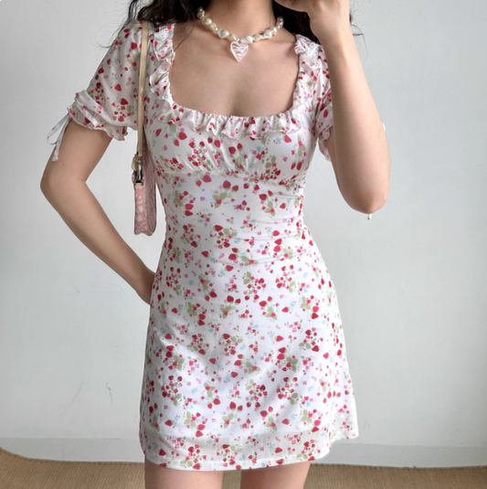 Sweet Women Dress Square Neck Print Ruffle Summer Vacation Seaside Dress Teenage Girl Date Dress  D2264