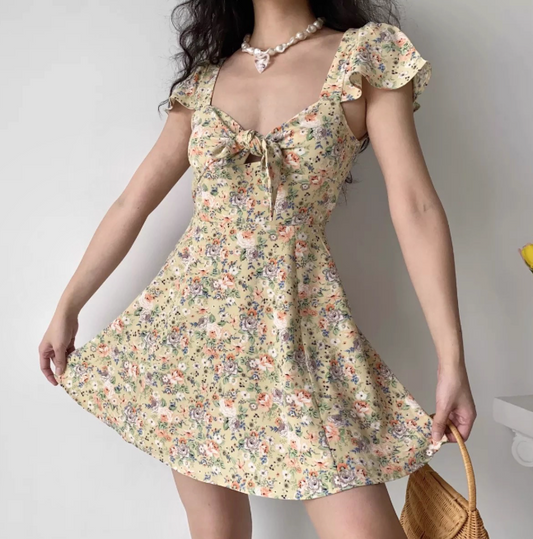 Cute Summer Dress A Line Lace up Print Short Skirt Women Teenage Girl Dress Vacation Outfits  D2267