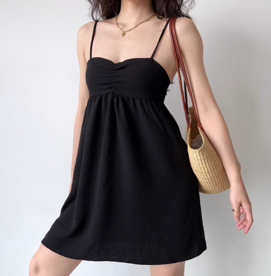 Casual Black Dress A Line Spaghetti Straps Short Skirt Women Teenage Girl Dress  D2268