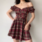 Casual Checkered Dress A Line Off the Shouler Short Skirt Women Teenage Girl Dress  D2269