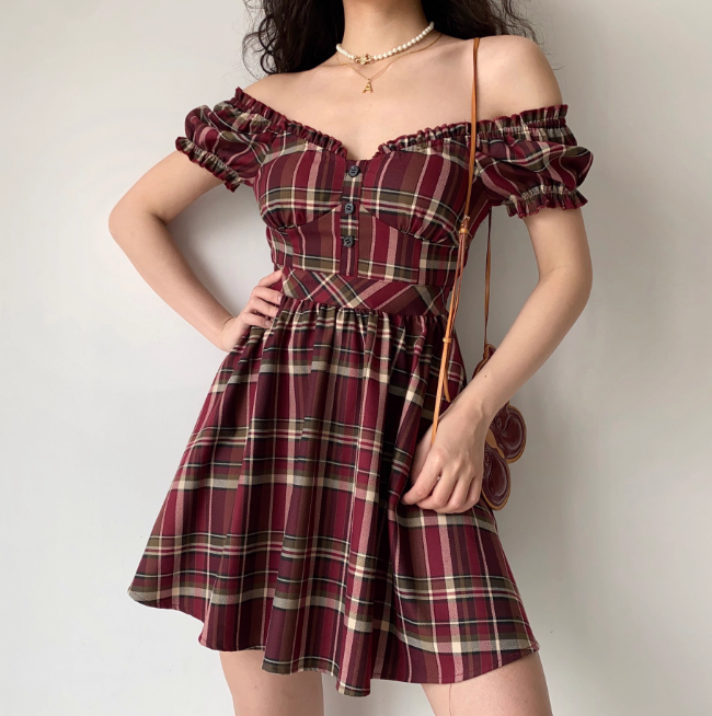 Casual Checkered Dress A Line Off the Shouler Short Skirt Women Teenage Girl Dress  D2269