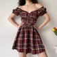 Casual Checkered Dress A Line Off the Shouler Short Skirt Women Teenage Girl Dress  D2269