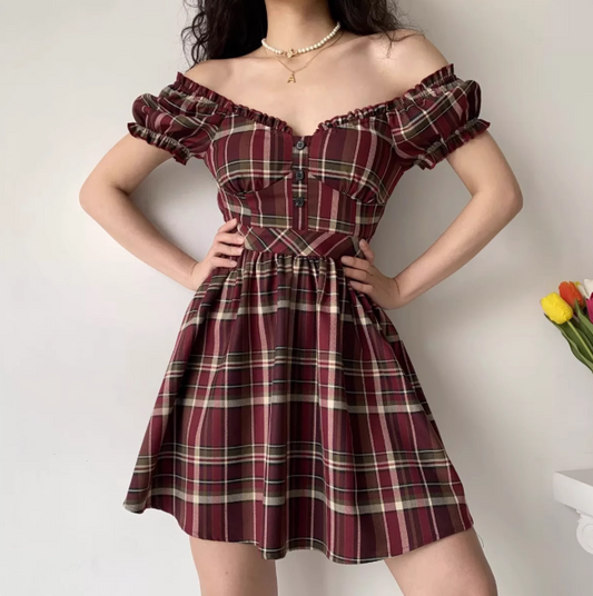 Casual Checkered Dress A Line Off the Shouler Short Skirt Women Teenage Girl Dress  D2269