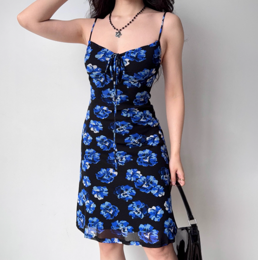 Retro Knee Length Dress Spaghetti Straps Floral Dress Women Vacation Seaside Date Dress D2275
