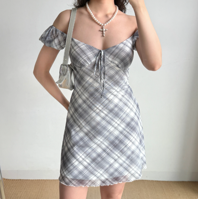 Casual Summer Dress A Line Checkered Short Skirt Women Vacation Seaside Date Dress D2276