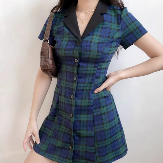 Retro Summer Dress A Line Checkered Short Skirt Women Teenage Girl Everyday Date Dress D2278